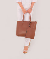 Brown tote bag with detachable pouch